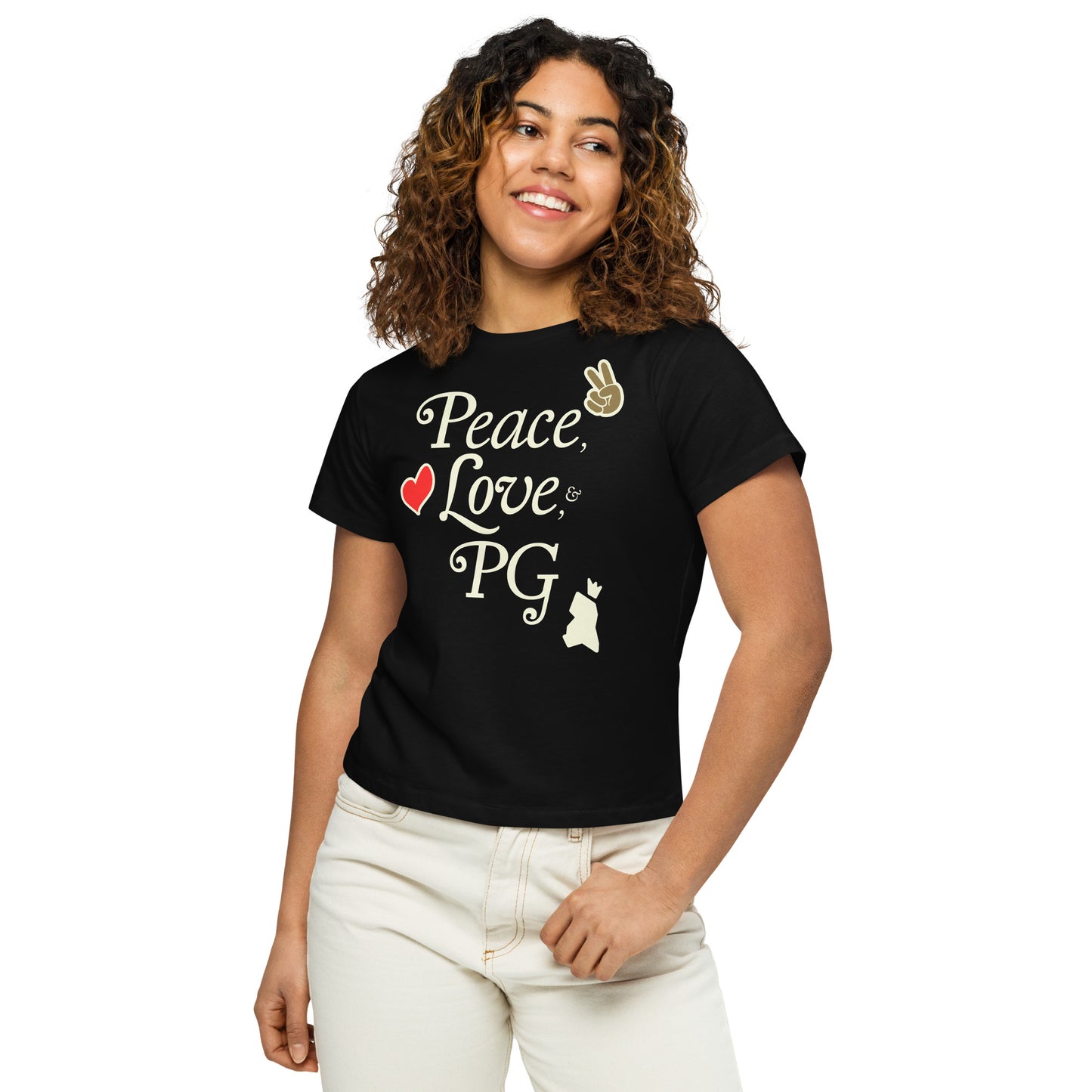 Peace, Love, & PG Women’s Cropped High-Waisted Tee