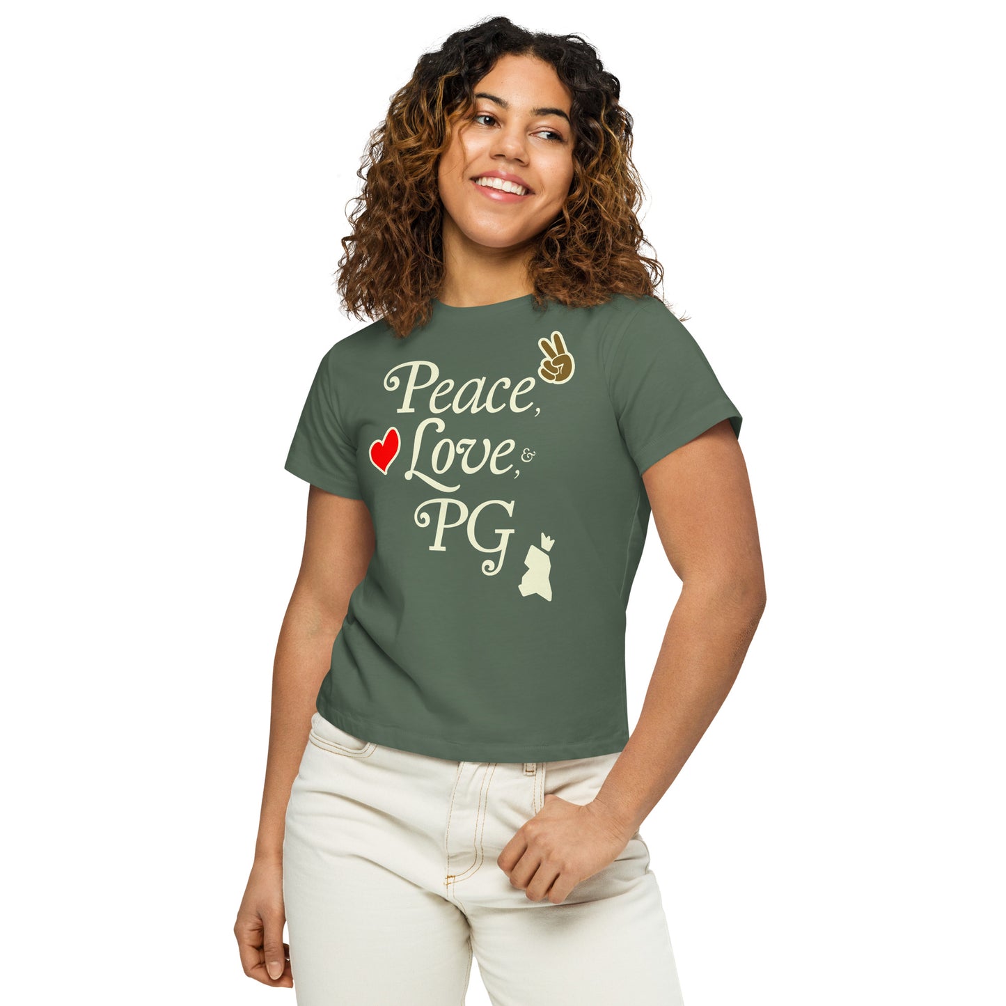 Peace, Love, & PG Women’s Cropped High-Waisted Tee