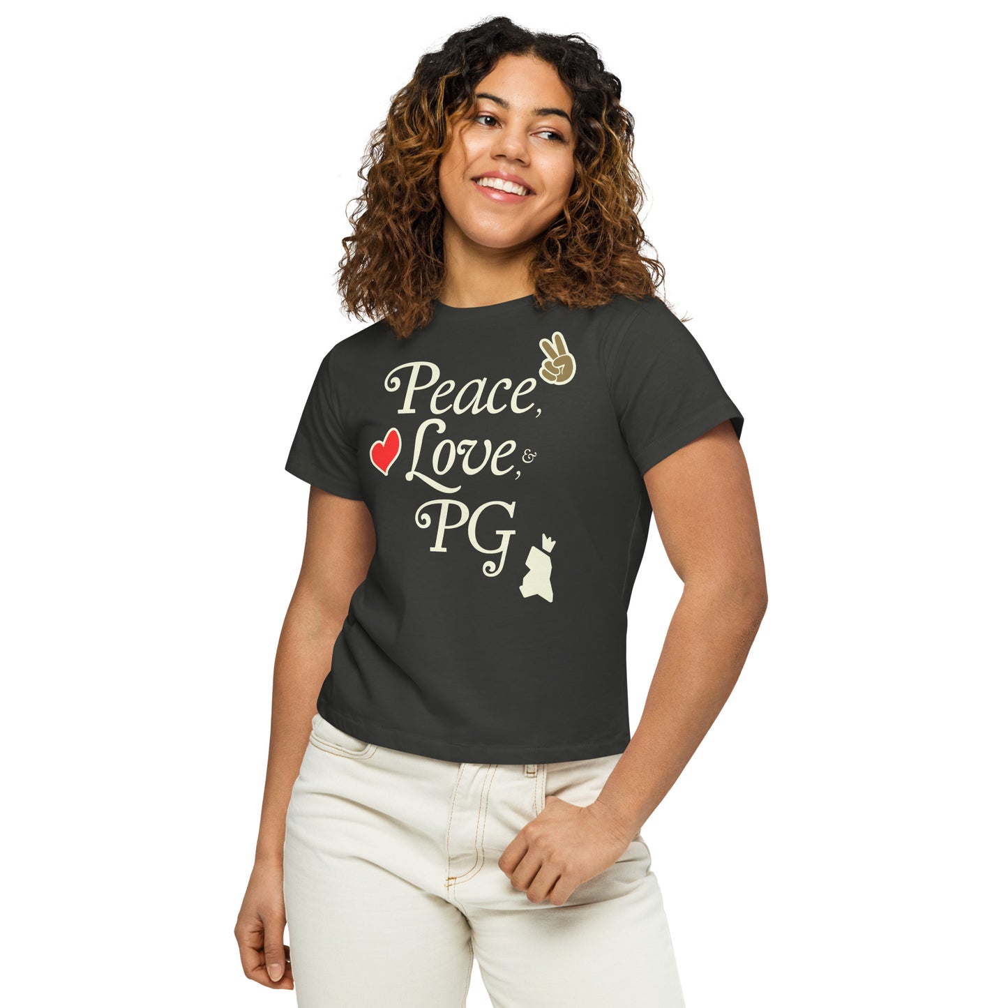 Peace, Love, & PG Women’s Cropped High-Waisted Tee