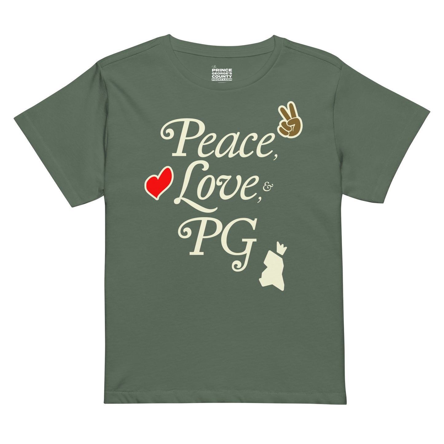 Peace, Love, & PG Women’s Cropped High-Waisted Tee